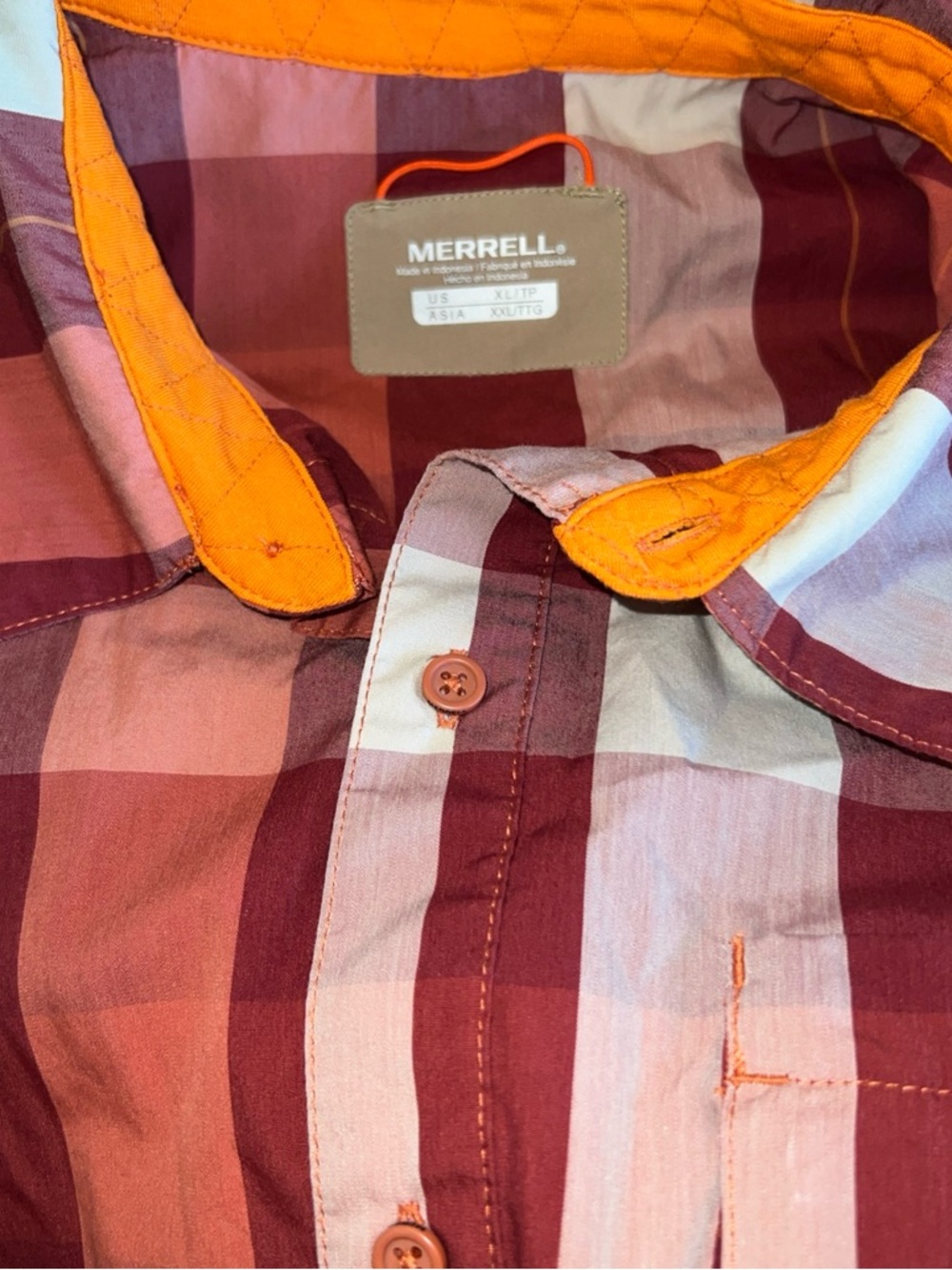 Merrell Plaid Button-Up Shirt in Burgundy, Pink and Orange Trim